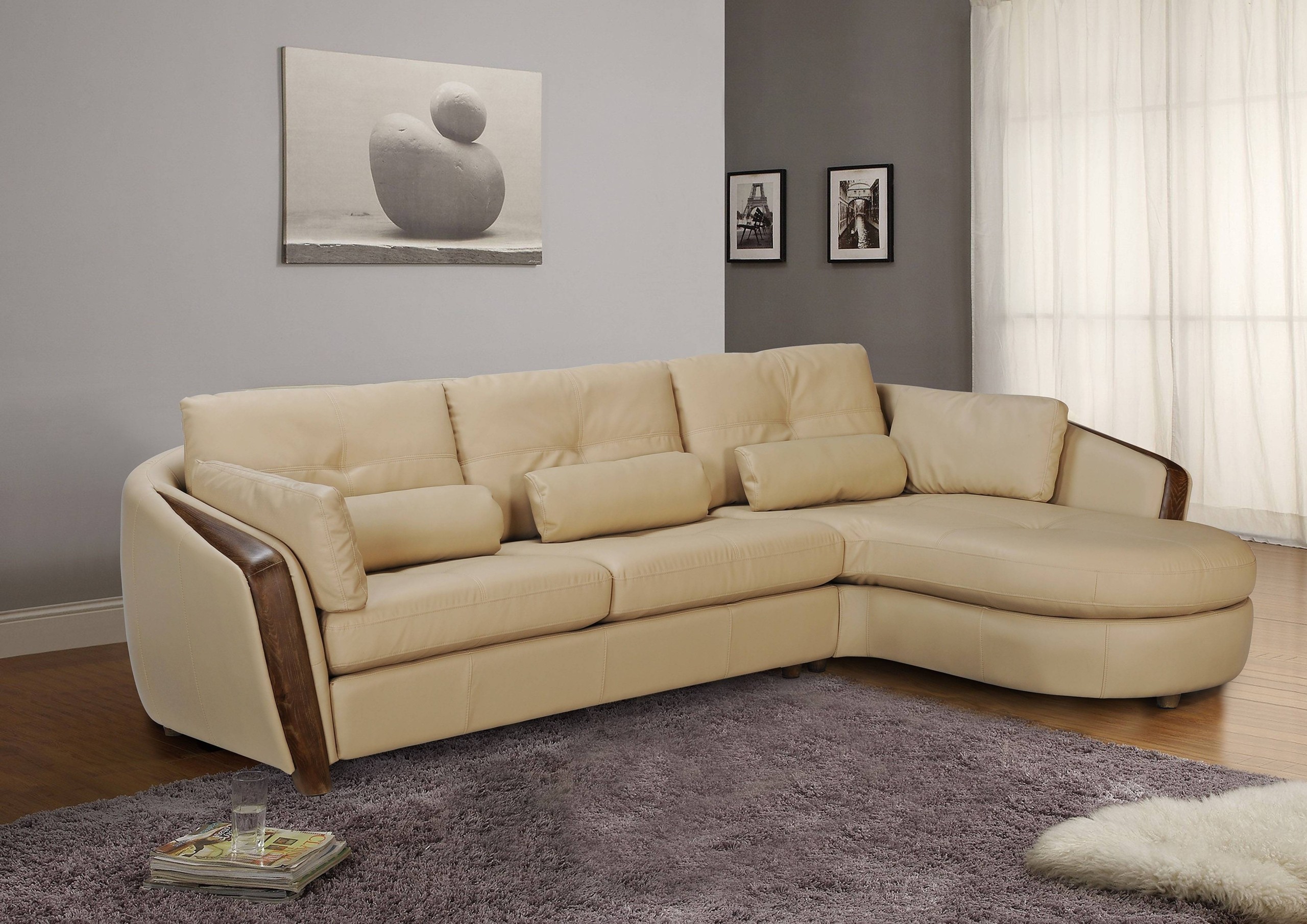 Modern taupe leather sectional sofa with wood accents