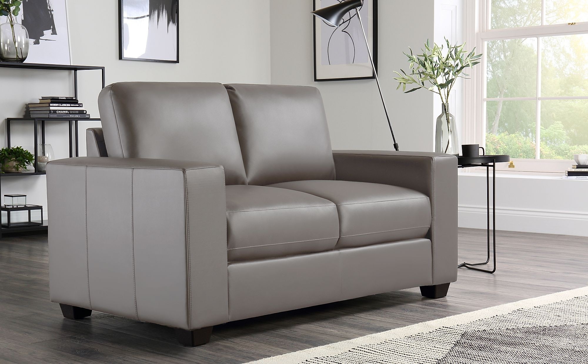 Modern taupe leather two seater sofa for living room