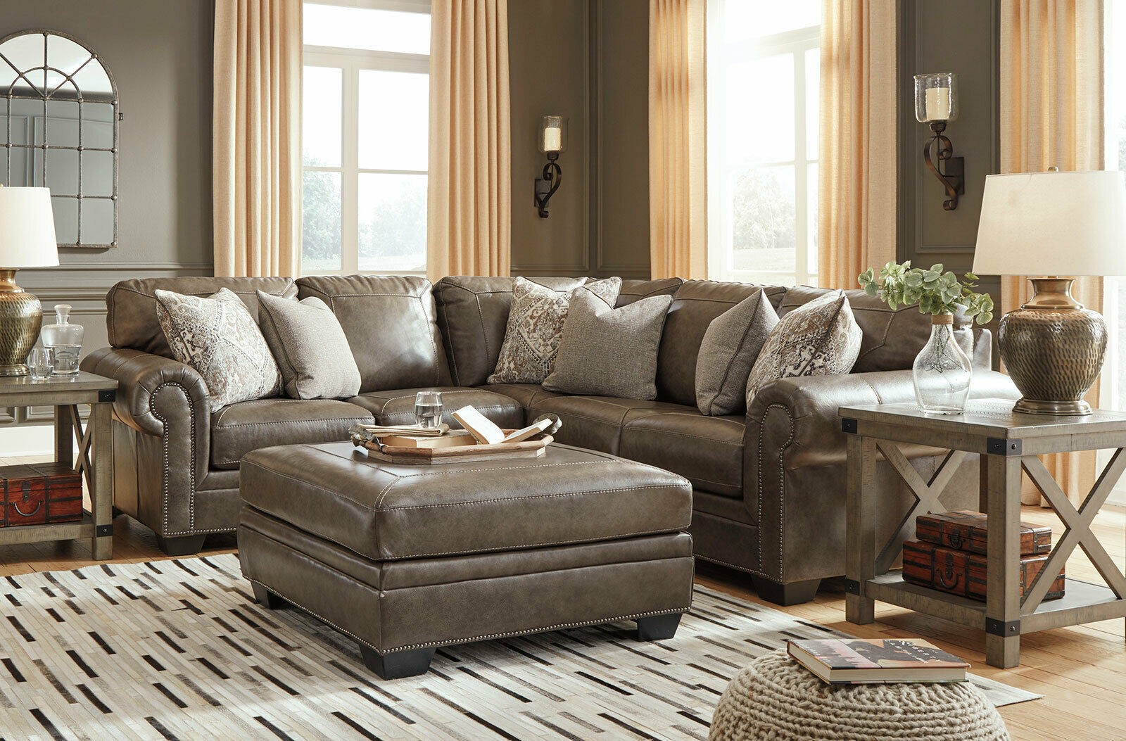 Taupe leather sectional sofa with traditional decor