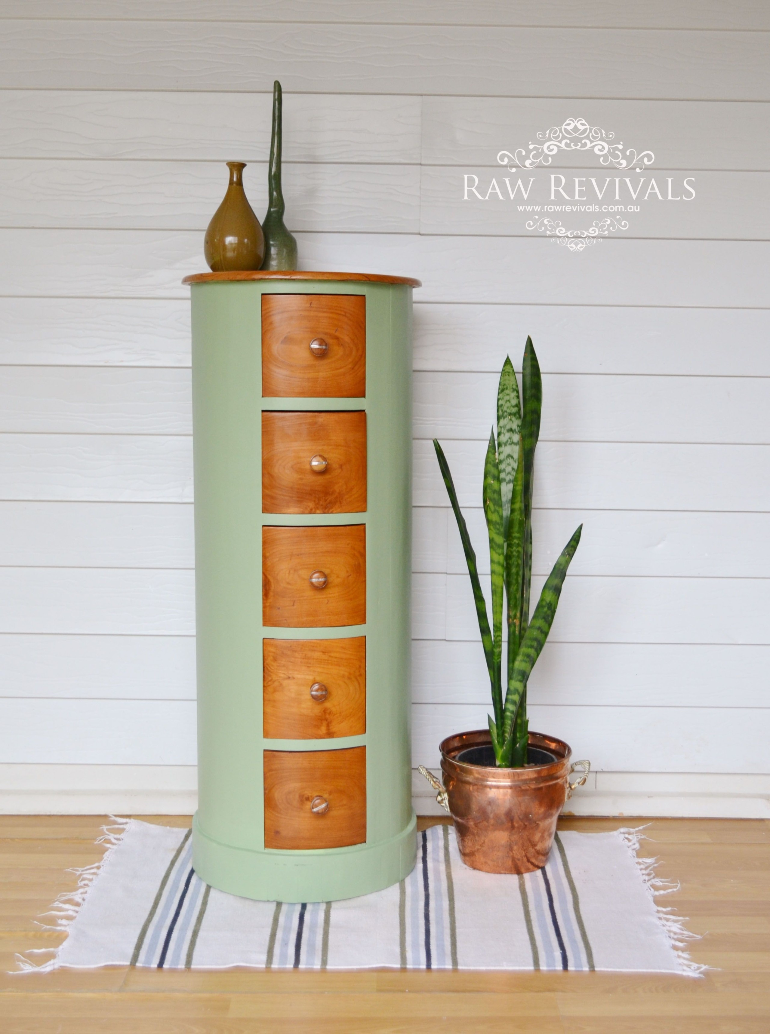Unique round olive green upcycled chest of drawers