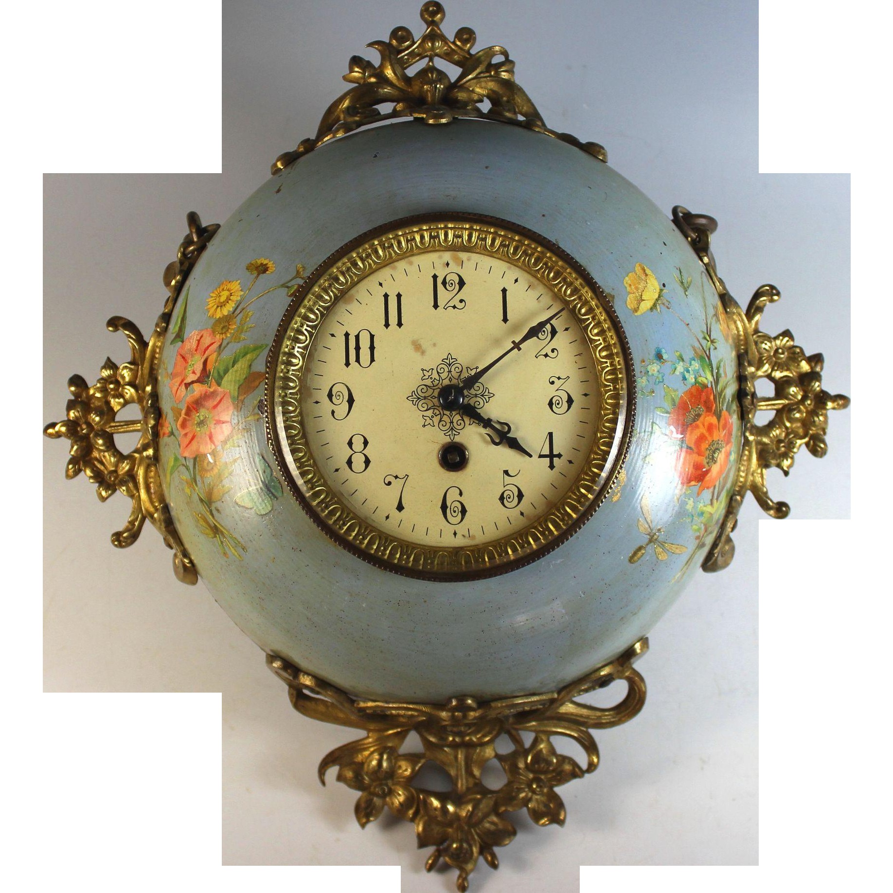 Antique french enamel ware wall clock handpainted and