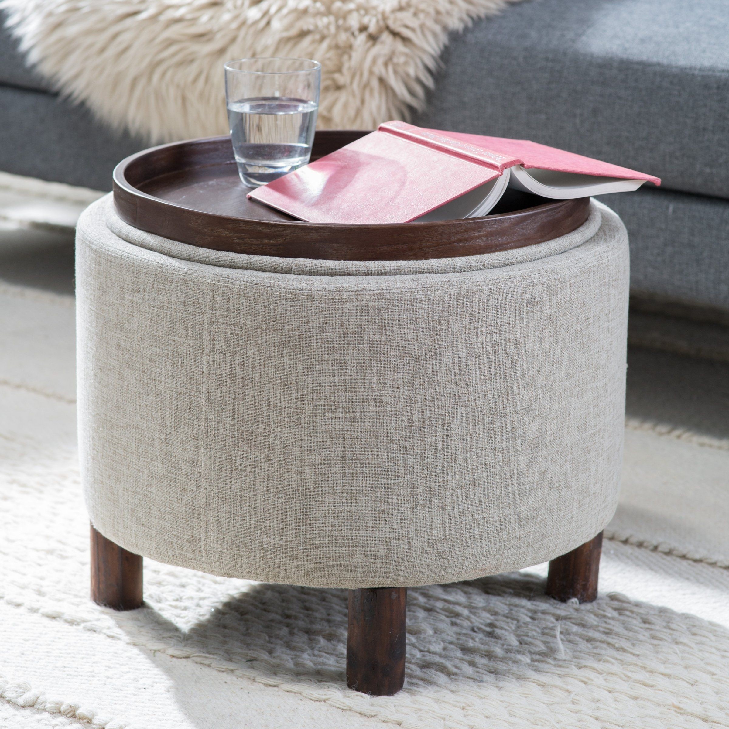 Belham Living Round Storage Ottoman with Tray
