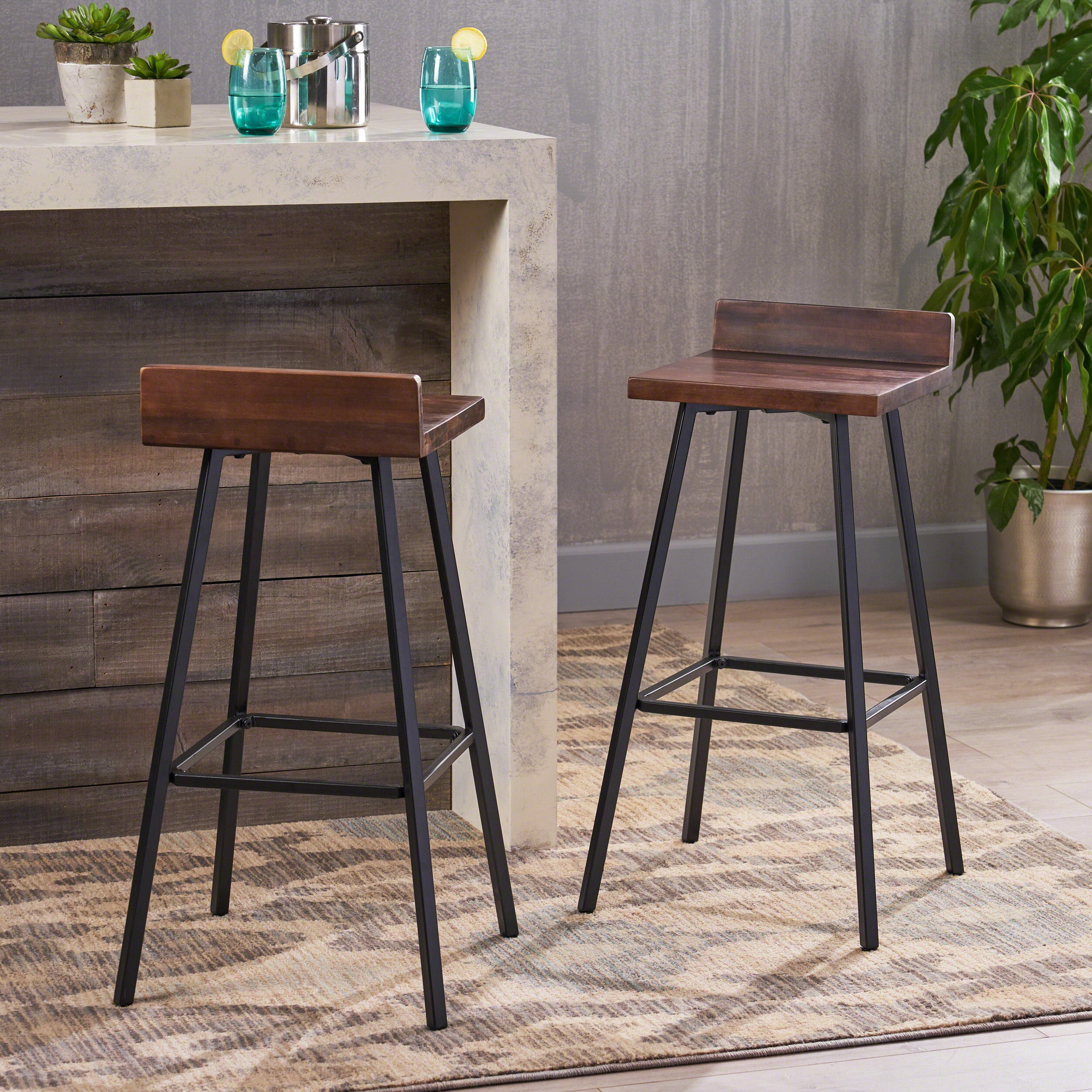 Contemporary acacia wood bar stools with metal legs