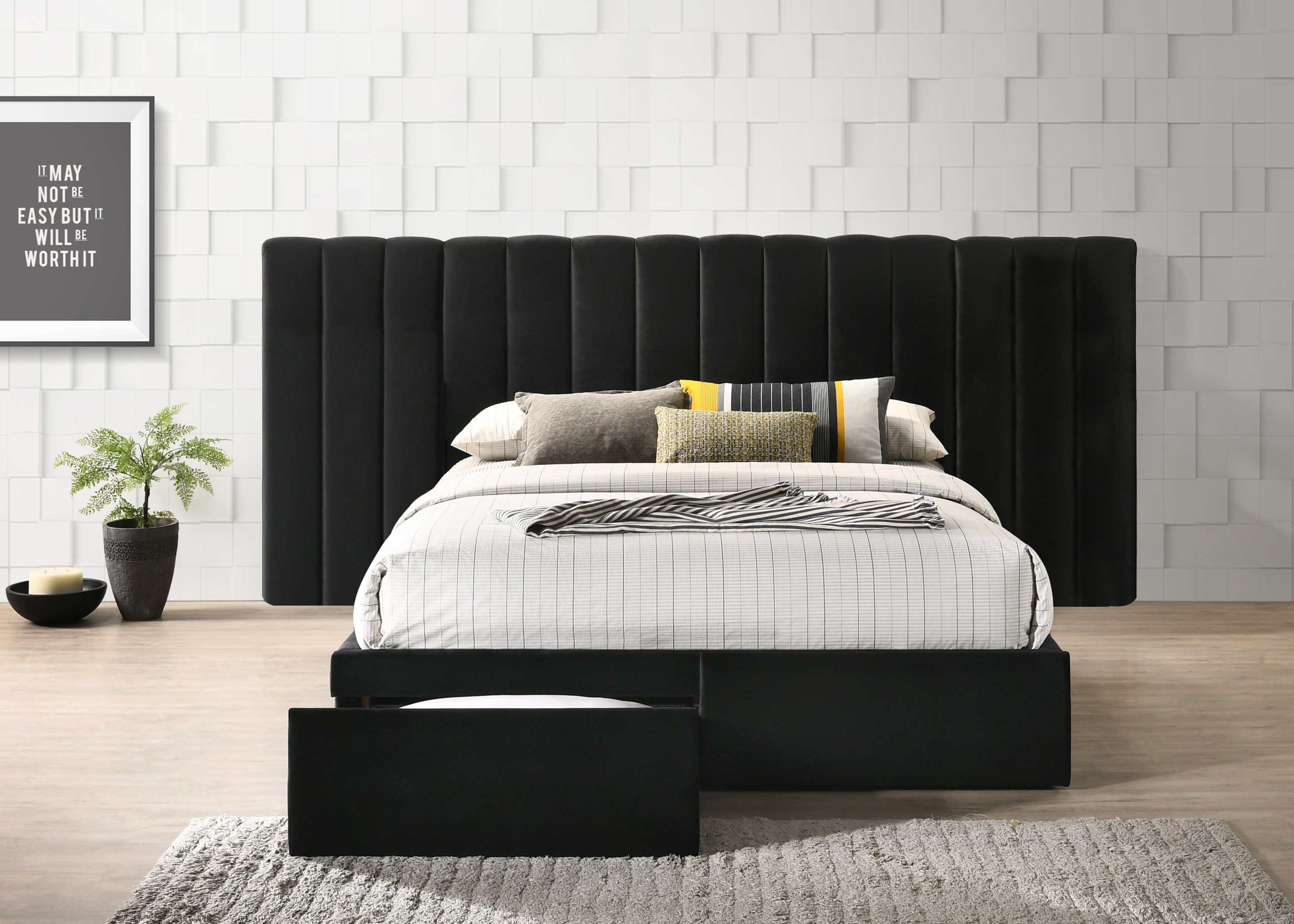 Faro black velvet bed frame with extra wide headboard