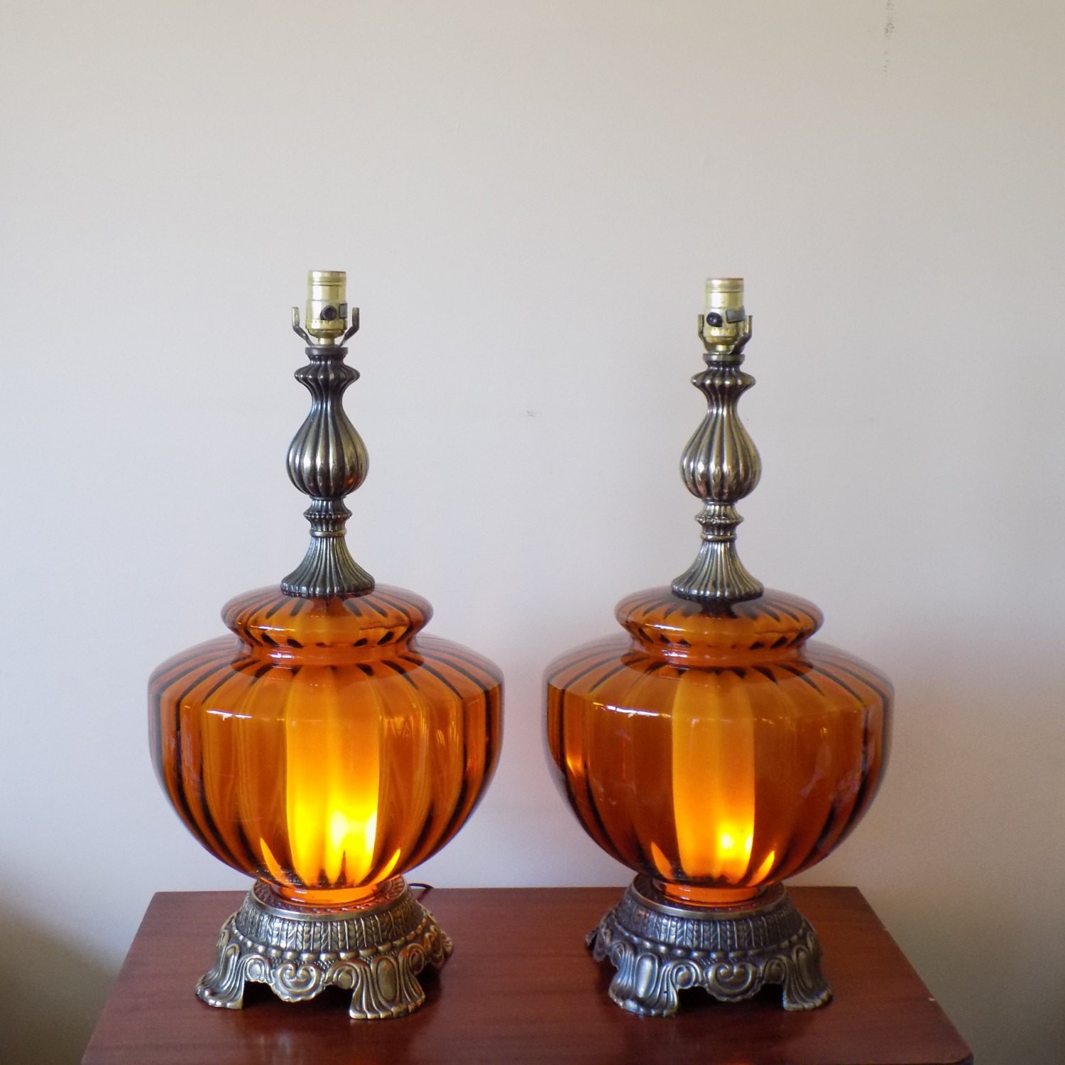 Large Mid Century Amber Glass Globe Table Lamps