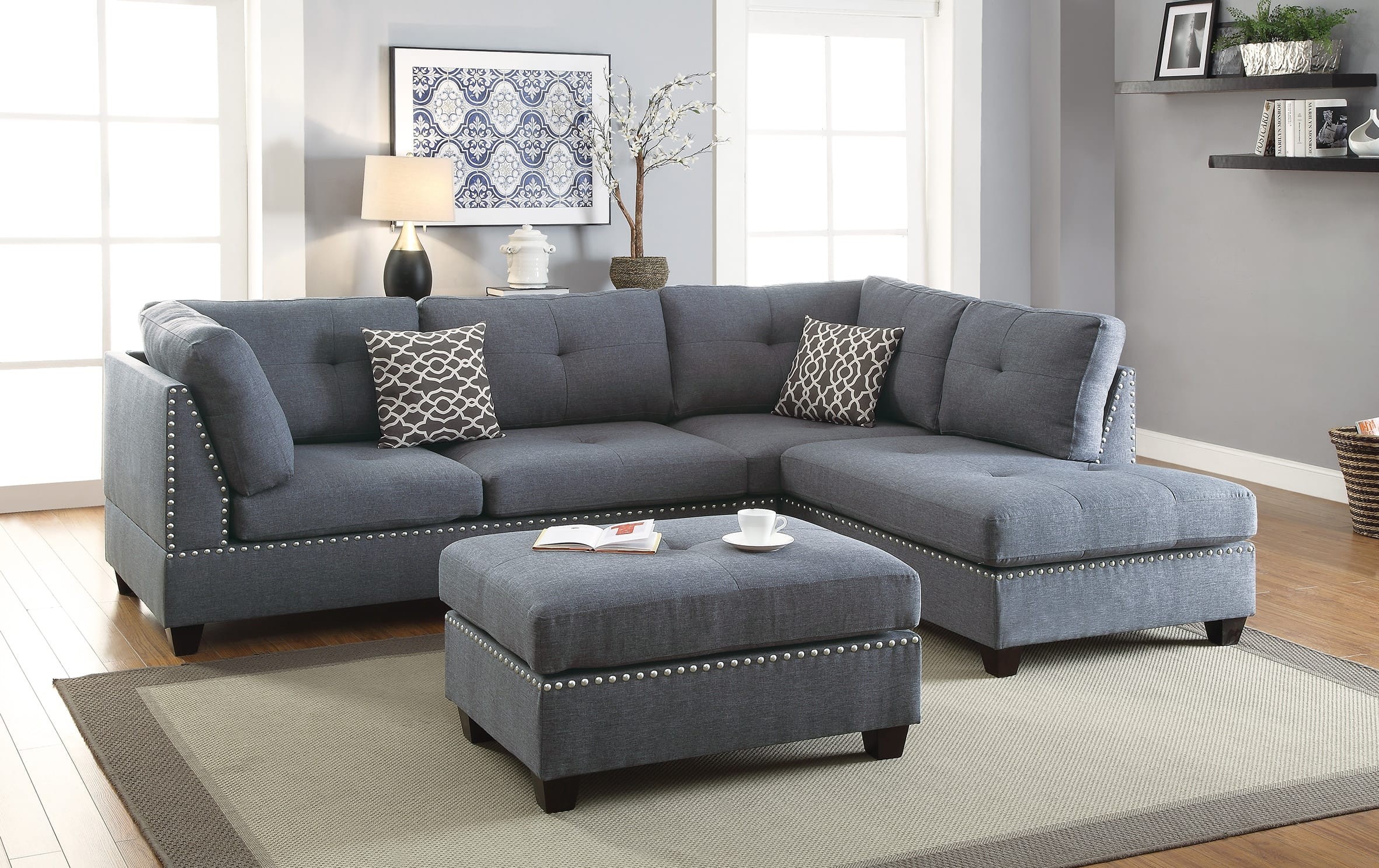 Modern blue gray 3 piece sectional sofa set