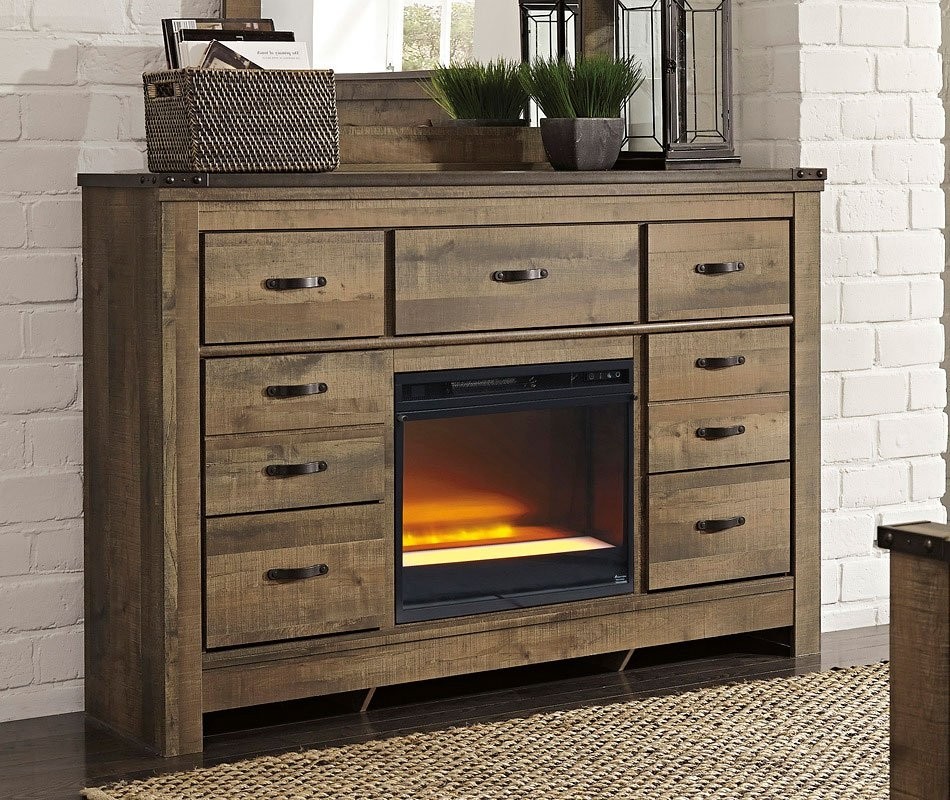 Rustic wooden trinell dresser with electric fireplace