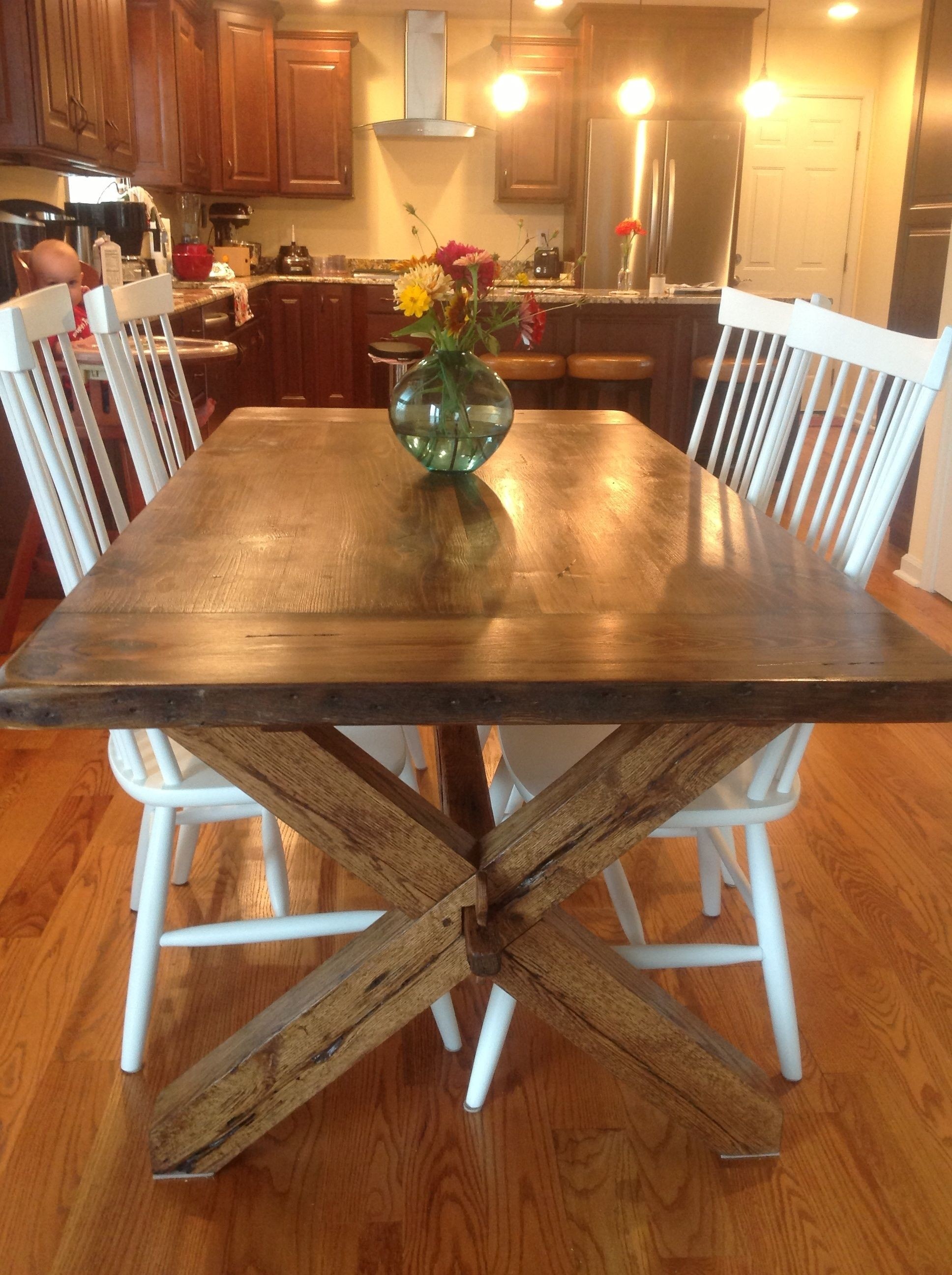 Custom reclaimed wood cross leg trestle table with 2