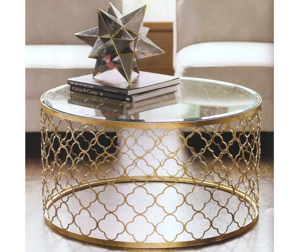 Elegant Gold Circular Coffee Table with Glass Top