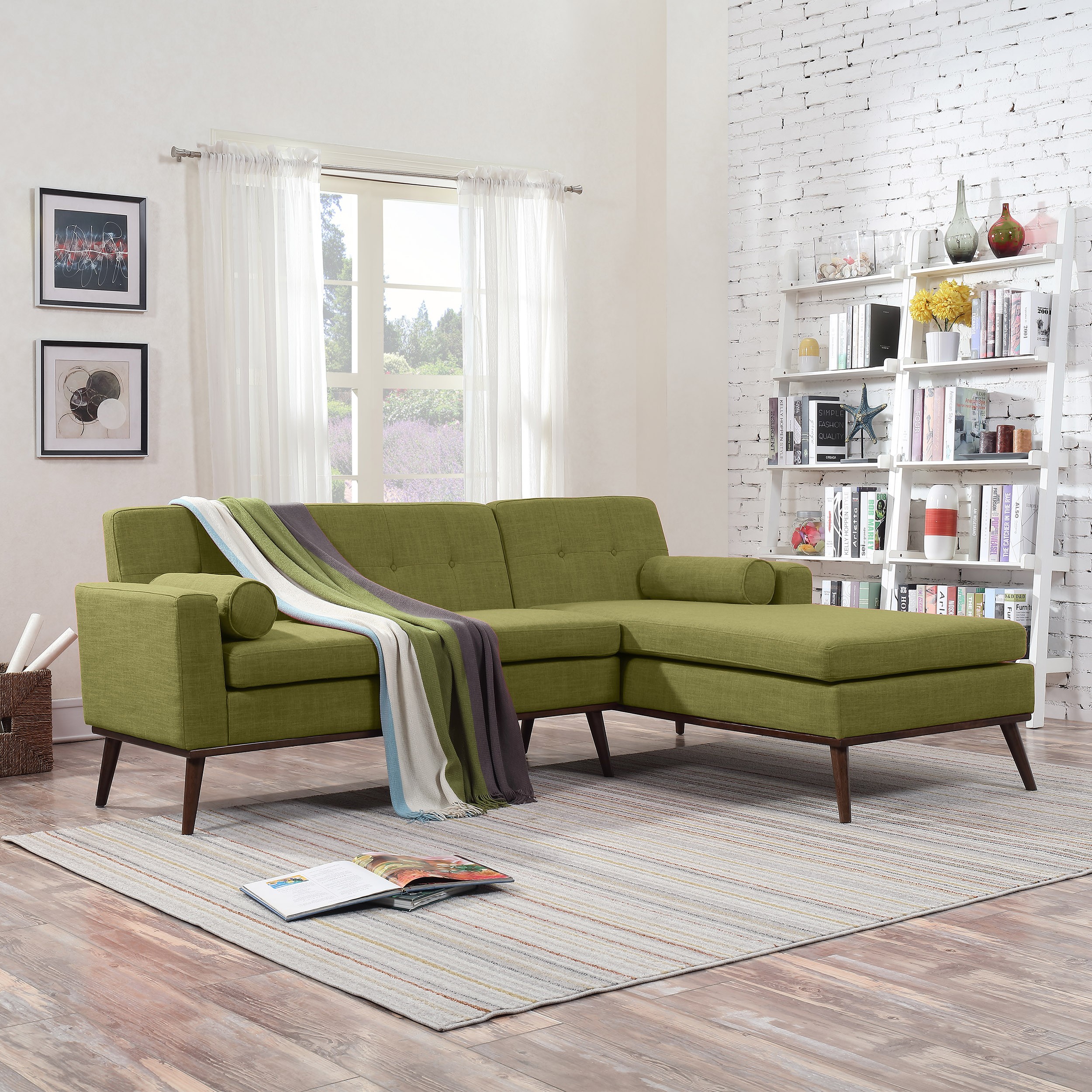 Mid Century Modern Green Sectional Sofa with Wooden Legs