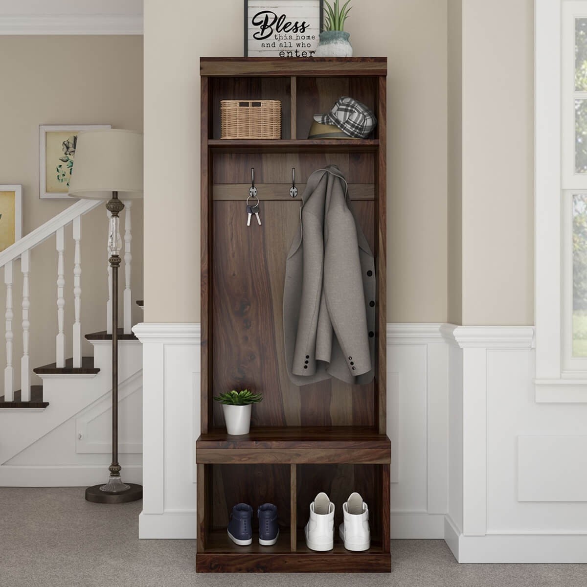 Coleridge rustic solid wood entryway hall tree with shoe