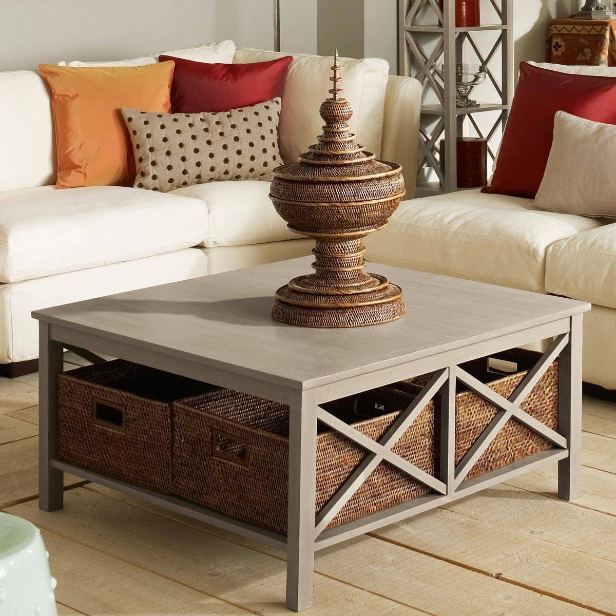 Modern coffee table with wicker basket storage