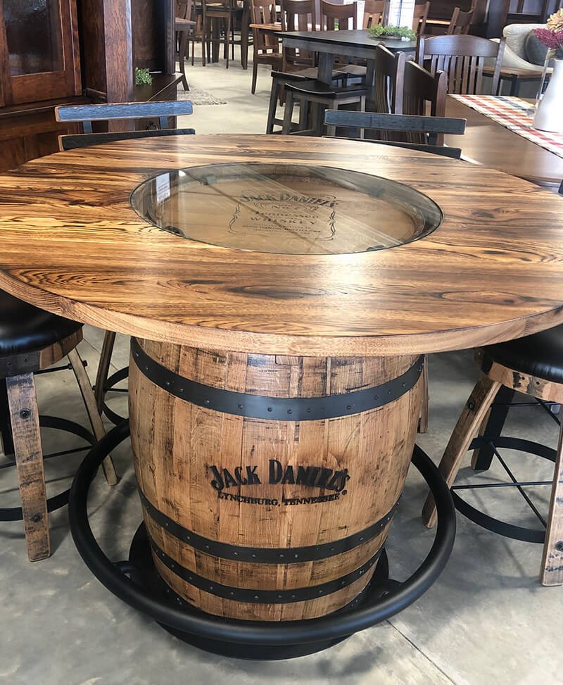 Rustic jack daniels whiskey barrel pub table design