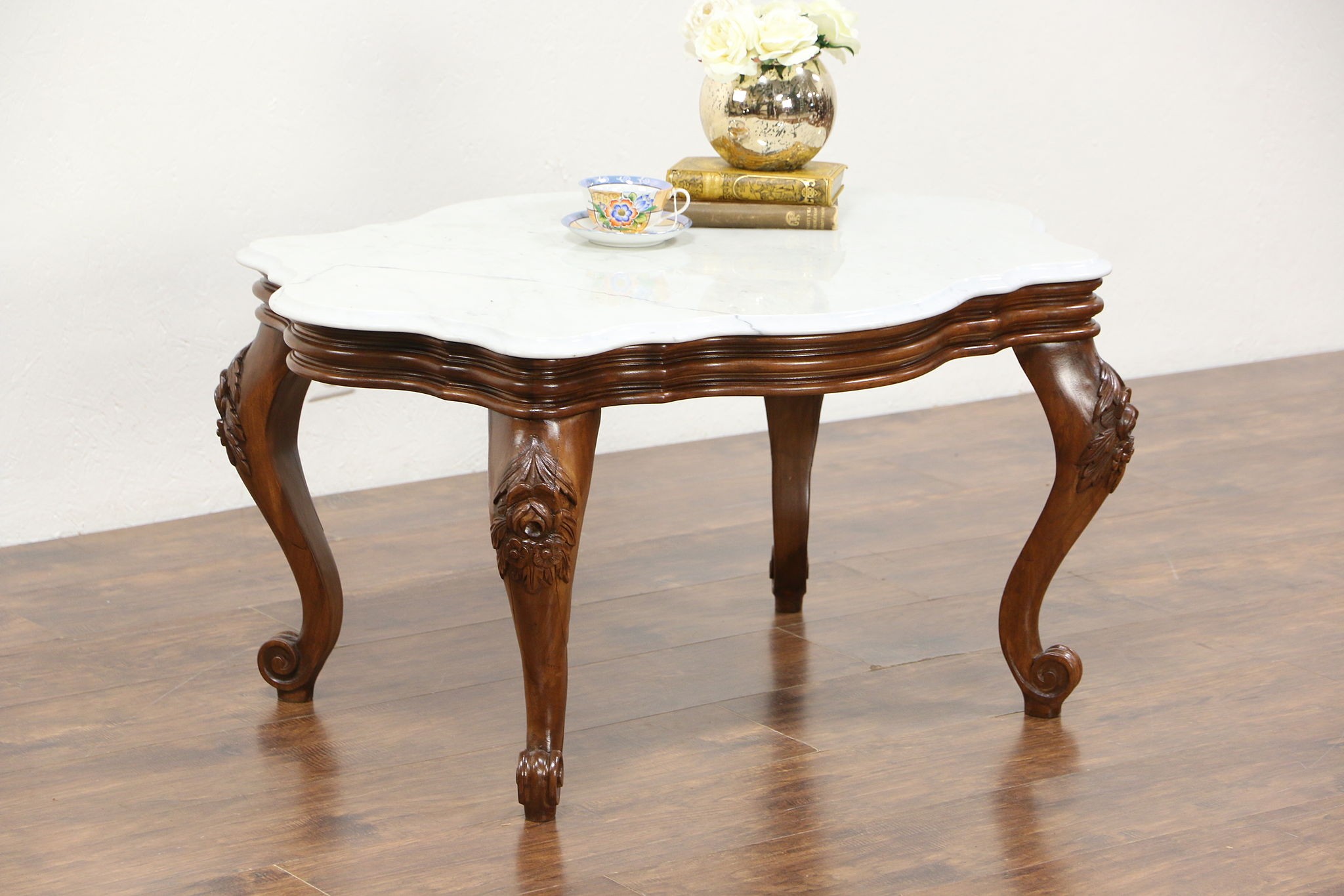 Victorian style vintage marble top coffee table carved