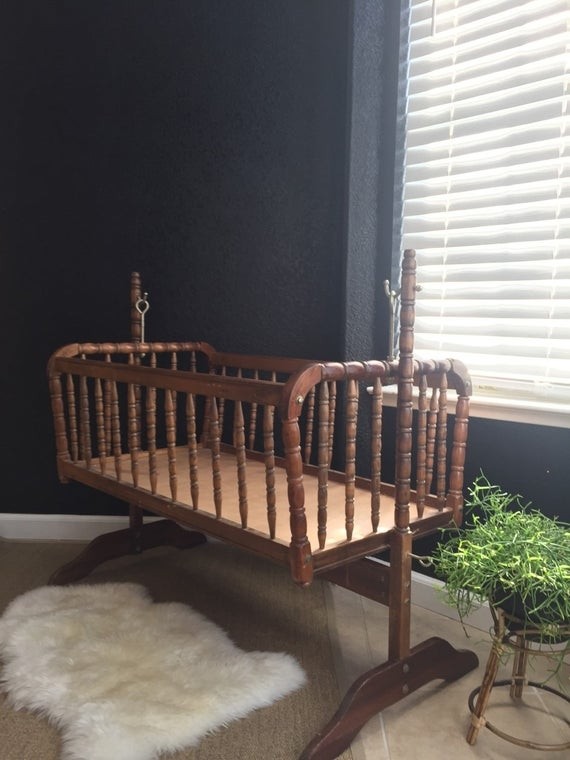 Vintage wooden rocking jenny lind baby crib spindle