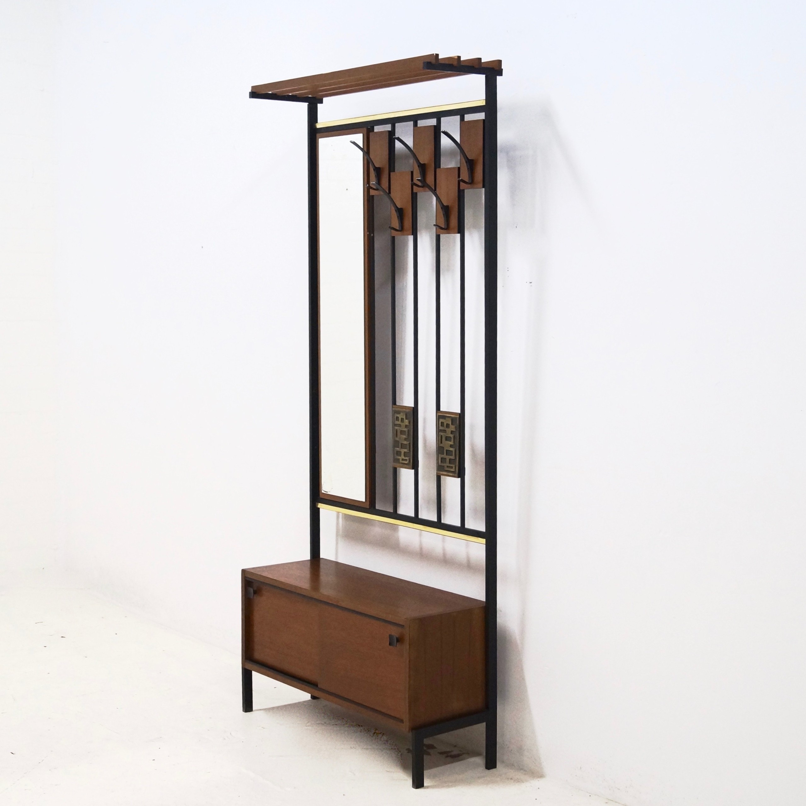 Mid century modern teak and metal coat rack