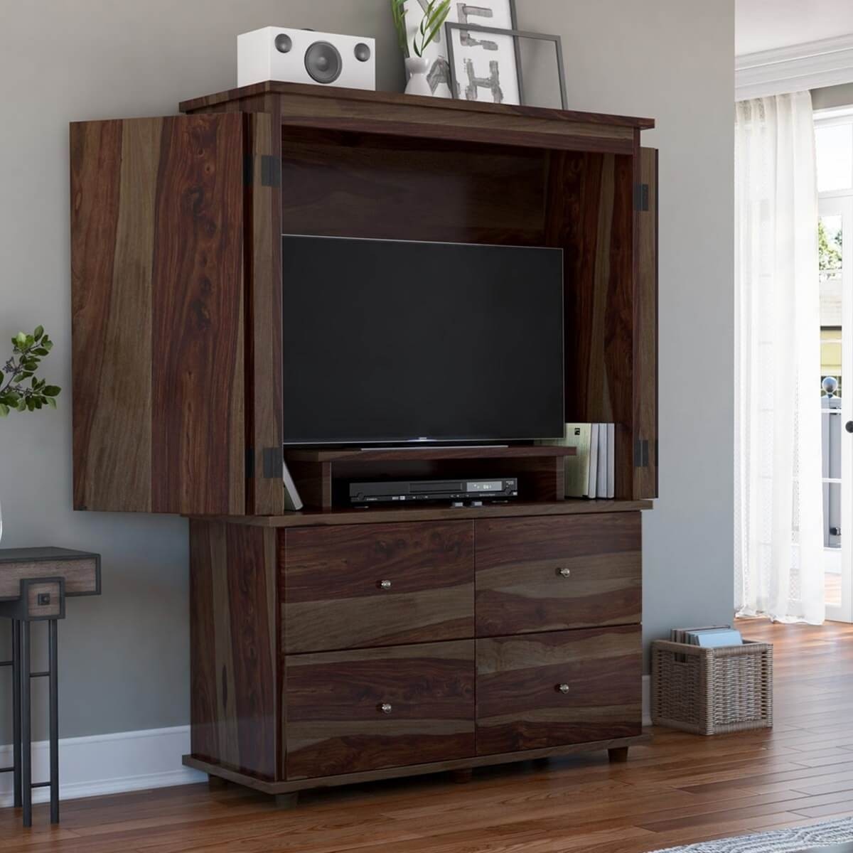 Rustic Solid Wood TV Armoire with Storage Drawers