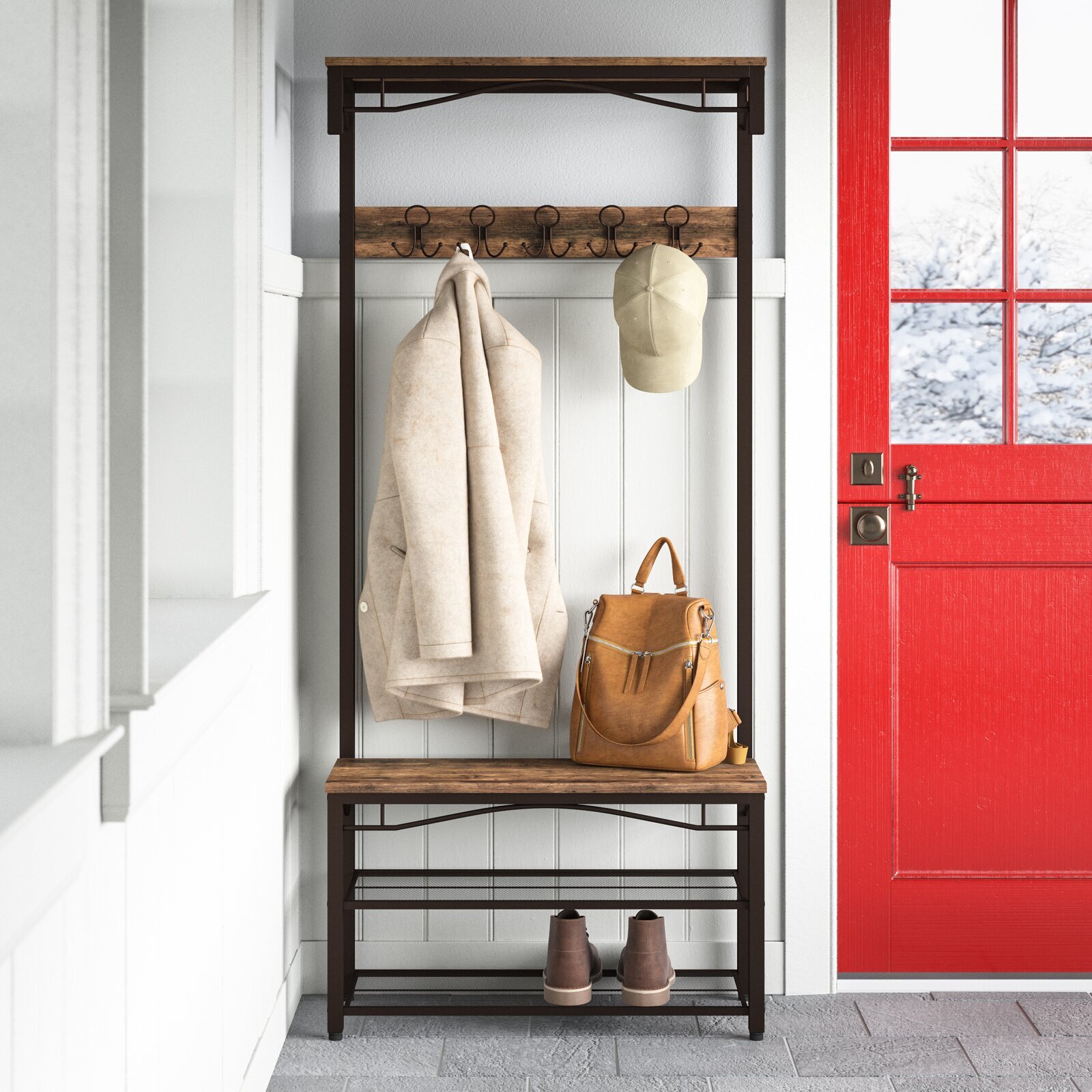 A beautiful mixed materials hallway wardrobe for coats and shoes