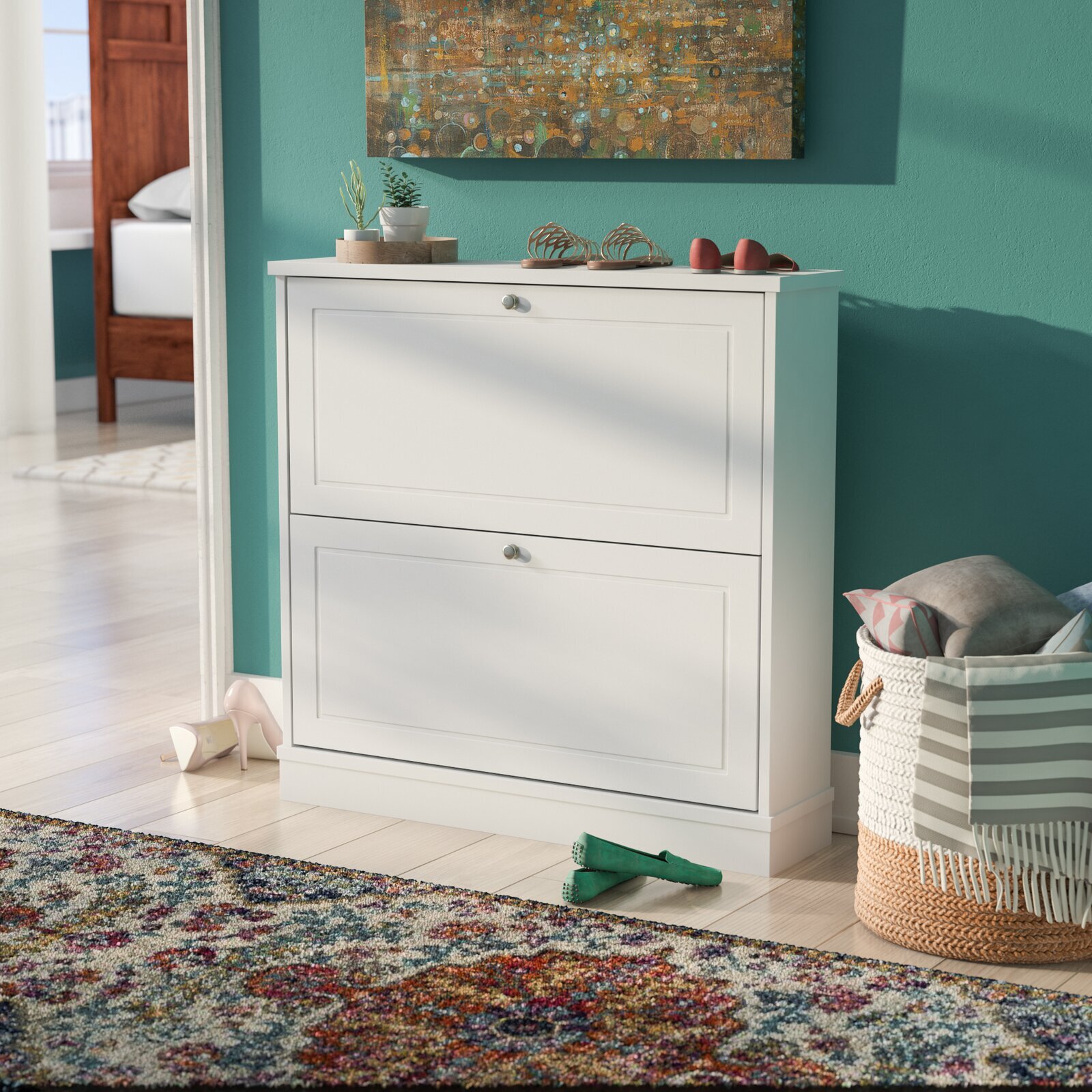 A classy white slimline shoe cabinet