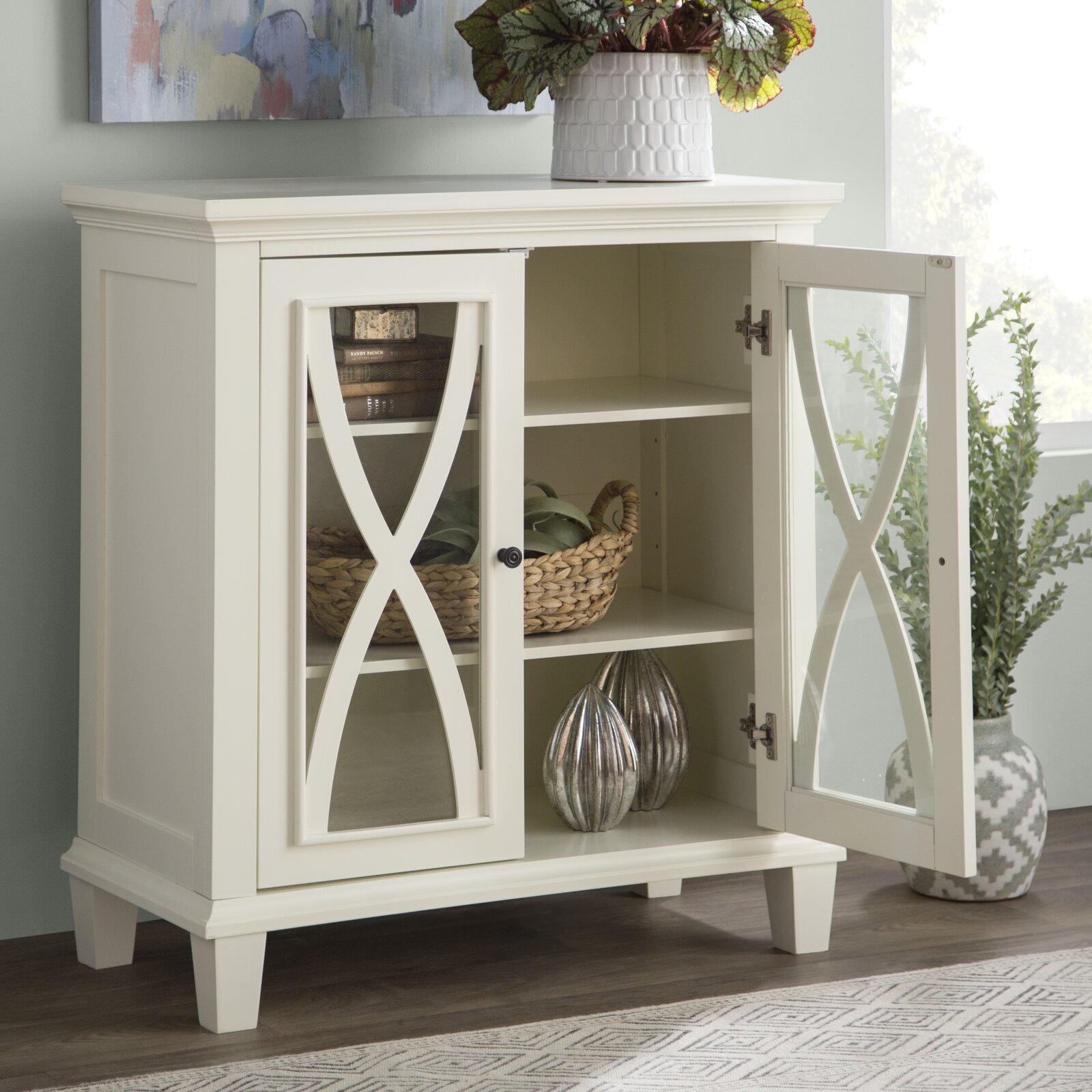 A modern farmhouse x framed glass fronted cabinet