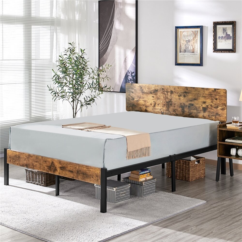 A modern wood and wrought iron bed