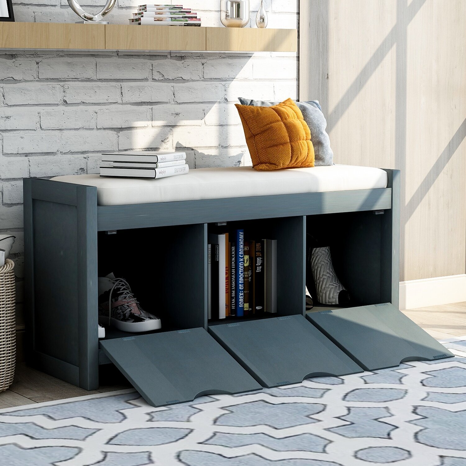 A narrow shoe bench