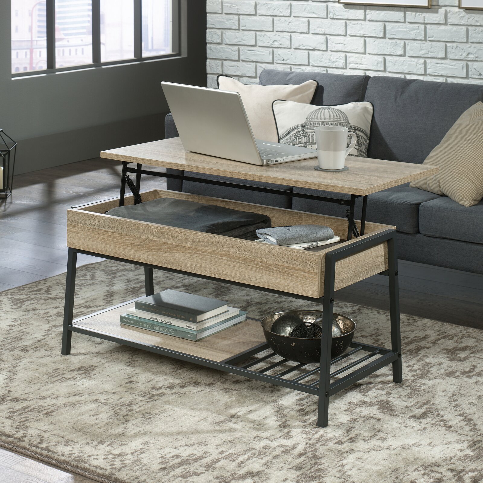 A pale wood table with asymmetric, unique table legs