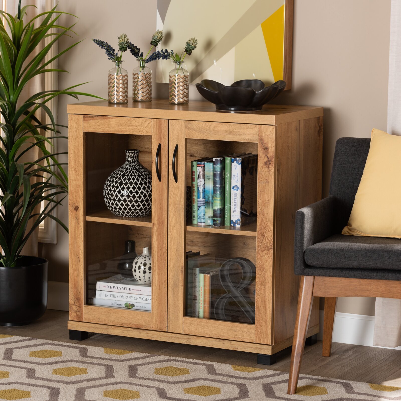 A rustic wooden cabinet with square glass frames
