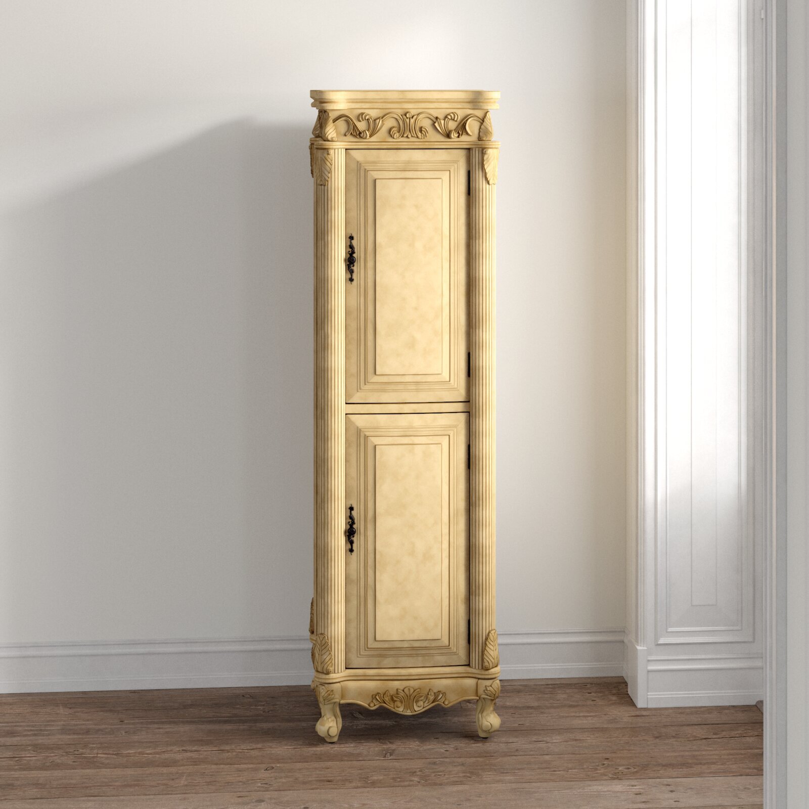 A sculptural, baroque tall bathroom linen cabinet 