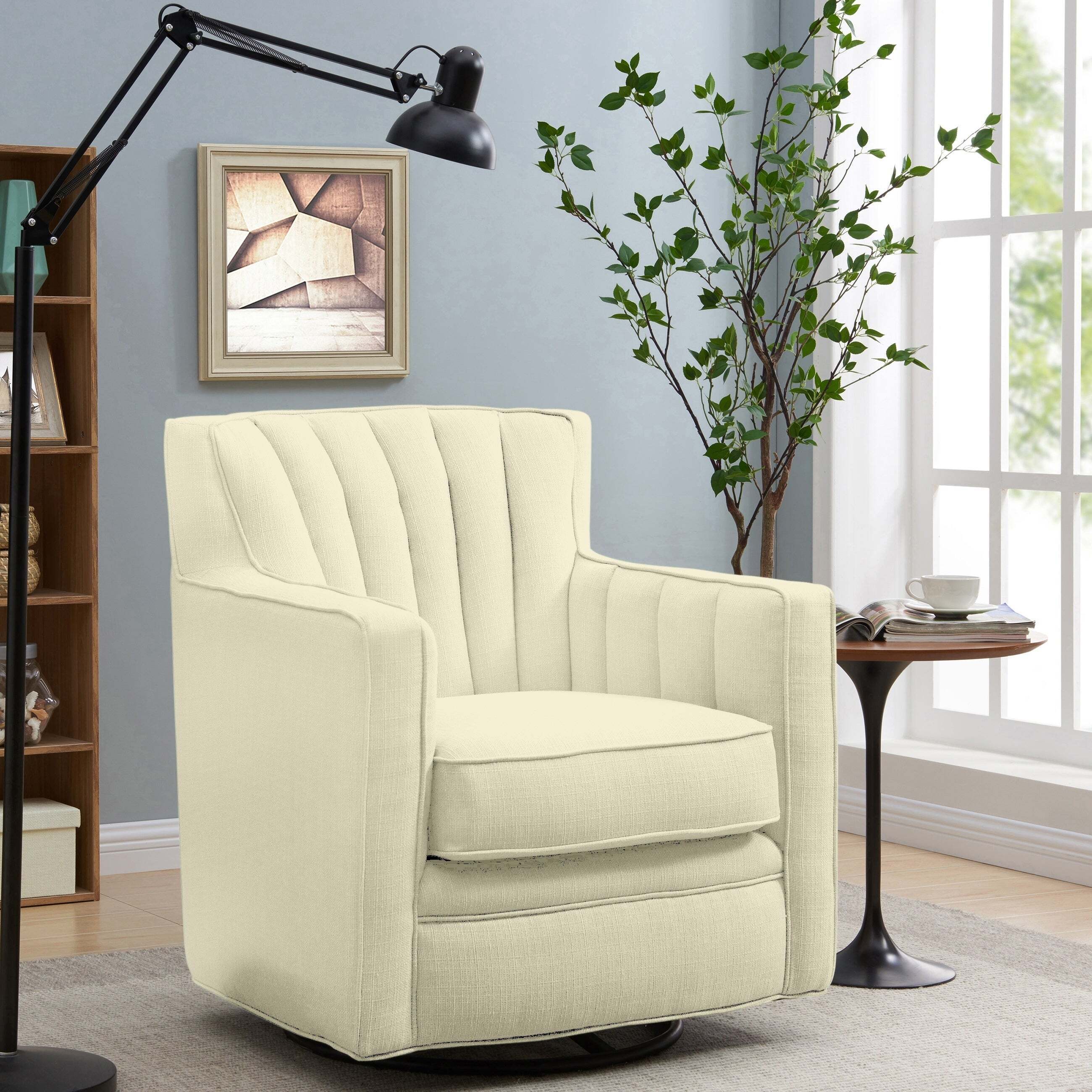 A velvety oversize swivel chair