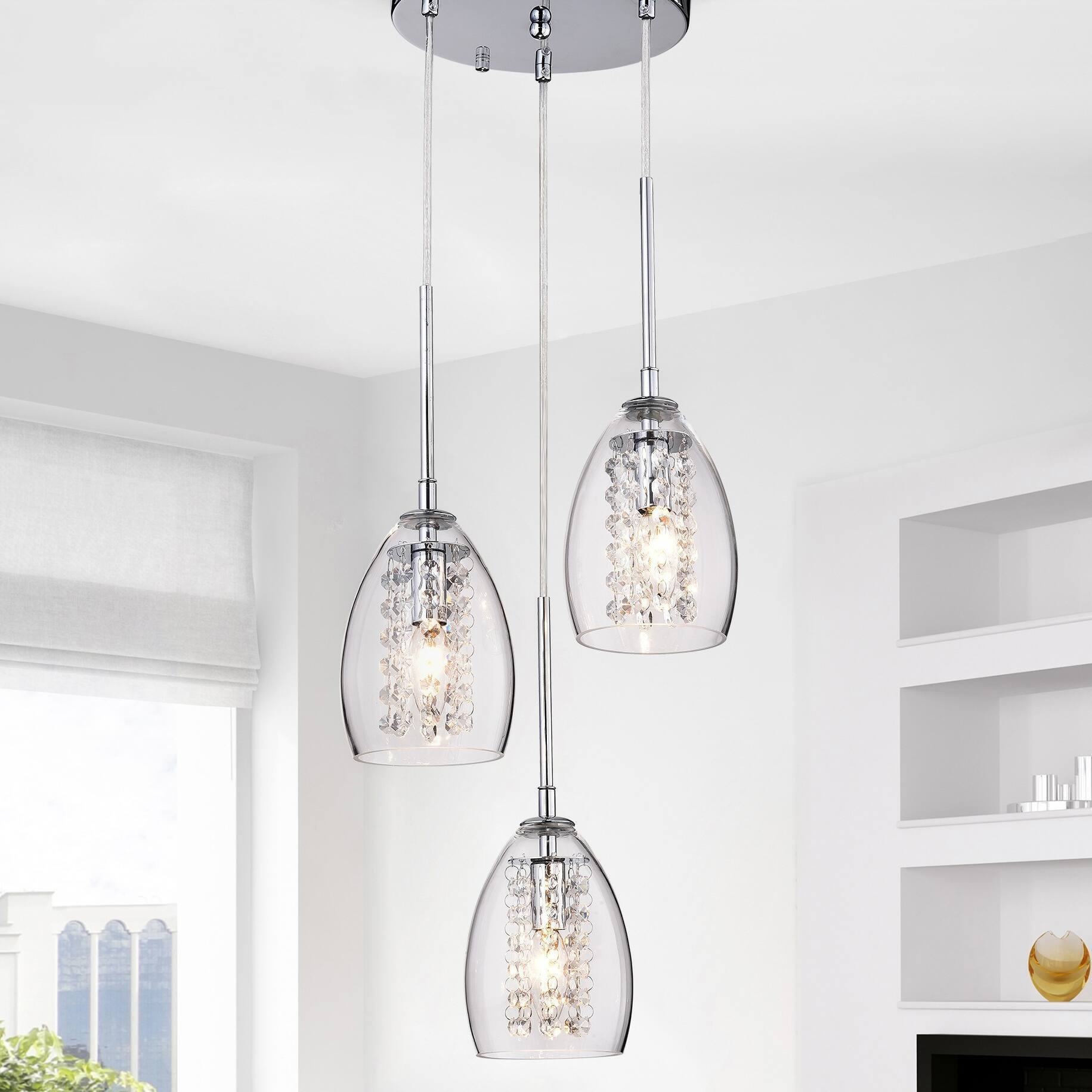 Artsy pull down ceiling light made of wineglasses