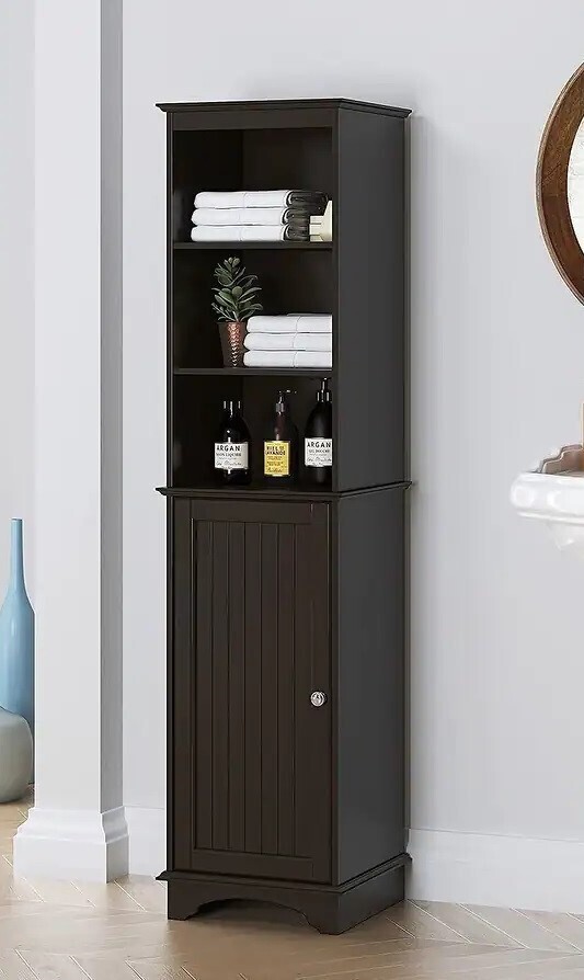 Black bathroom linen tower