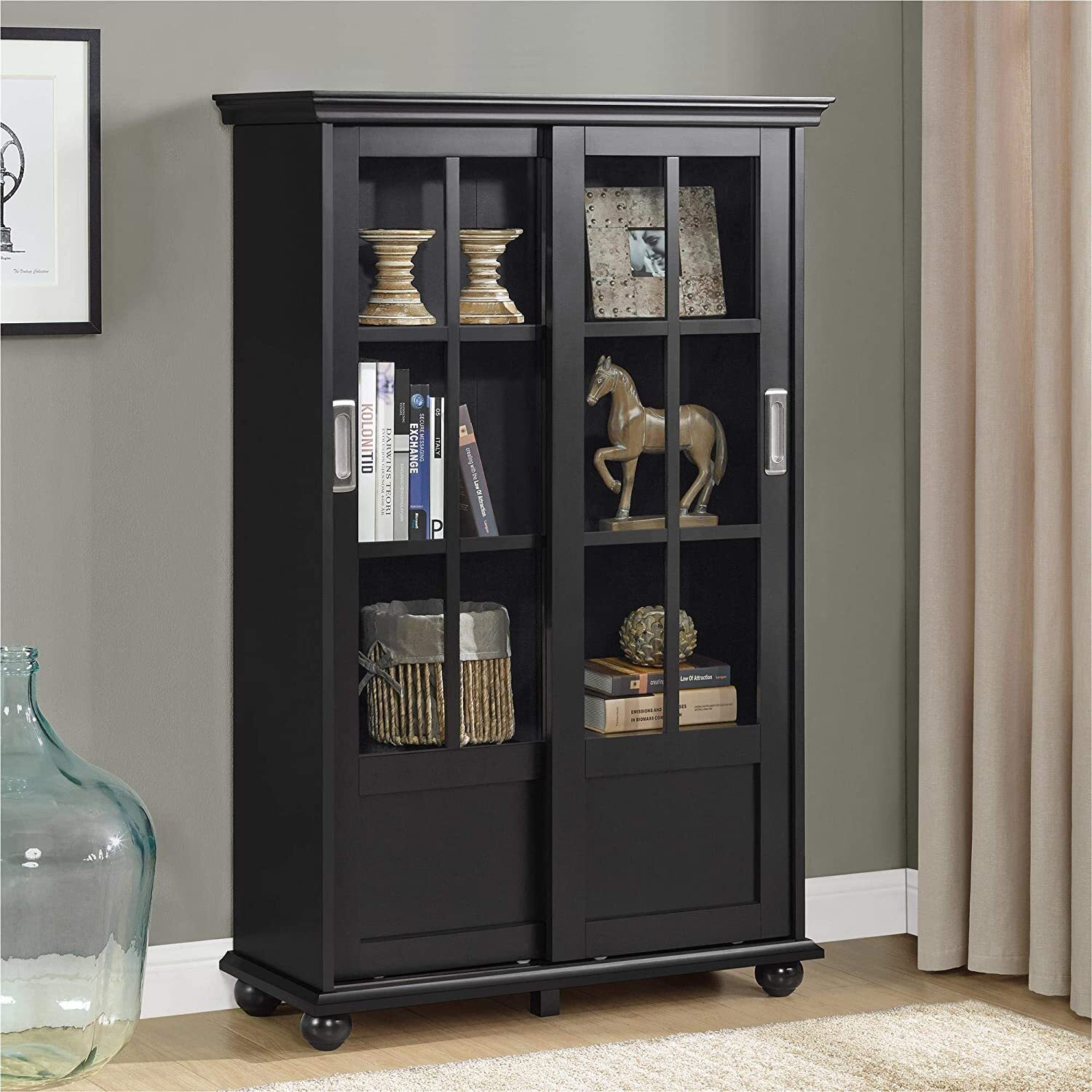 Black Bookshelf with Glass Doors