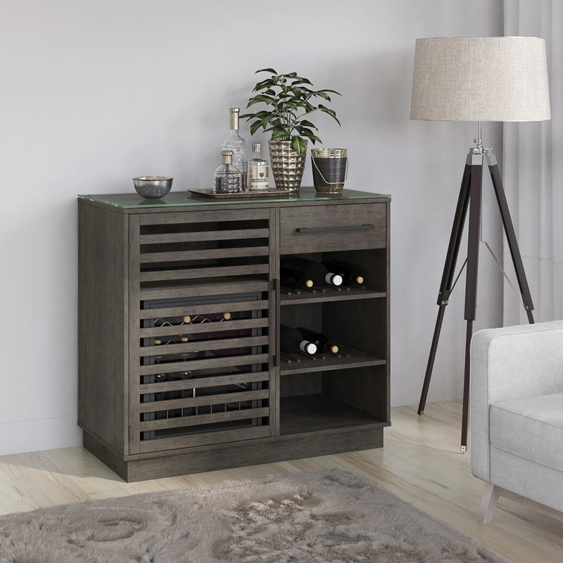 Chic Weathered Grey Bar Cabinet with Cooler
