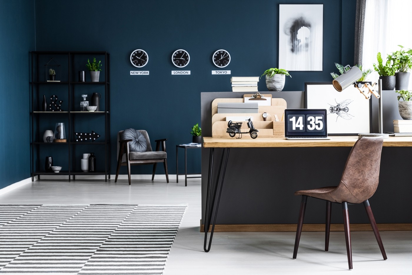 classy dark blue home office interior