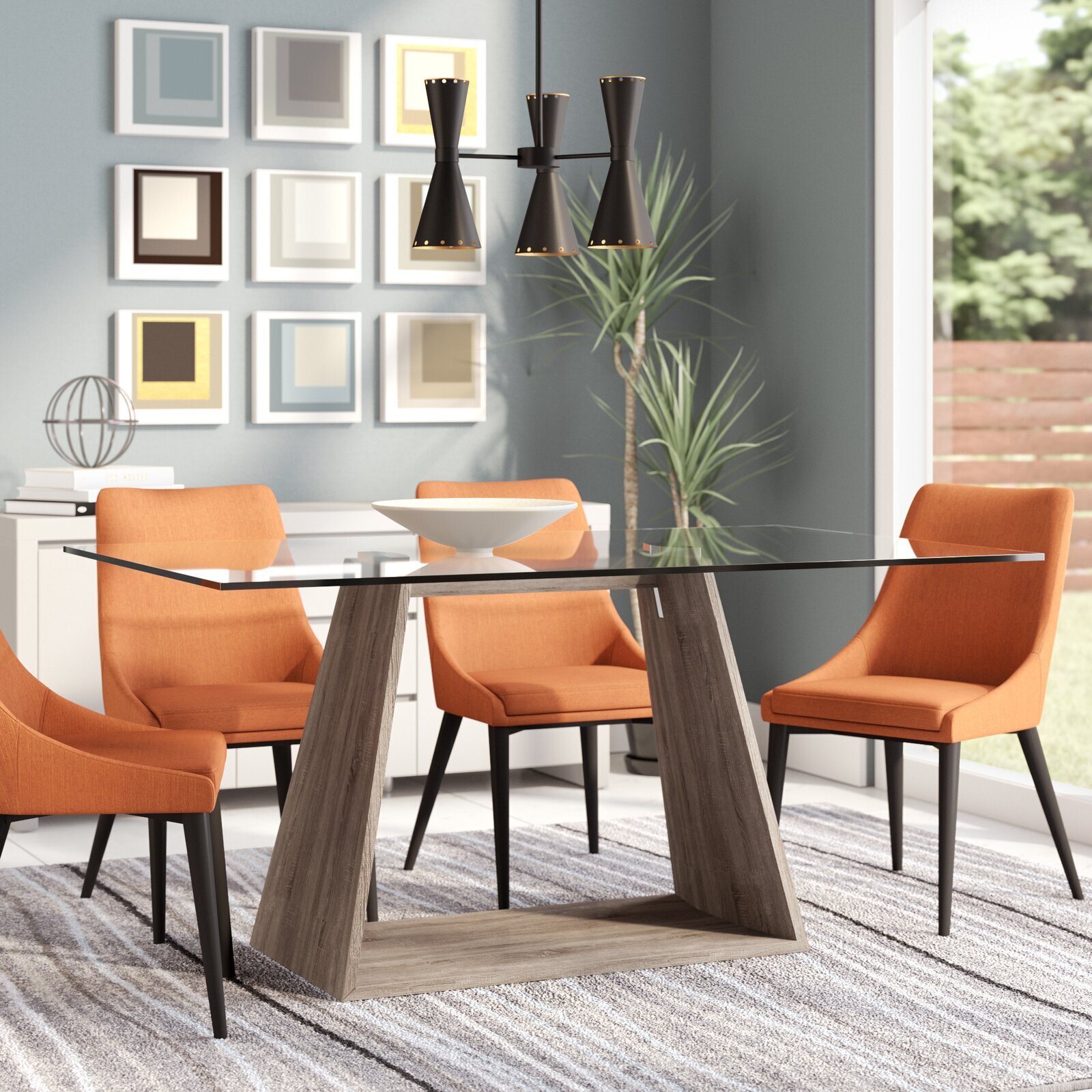 Contemporary rectangular glass top dining table with wood base