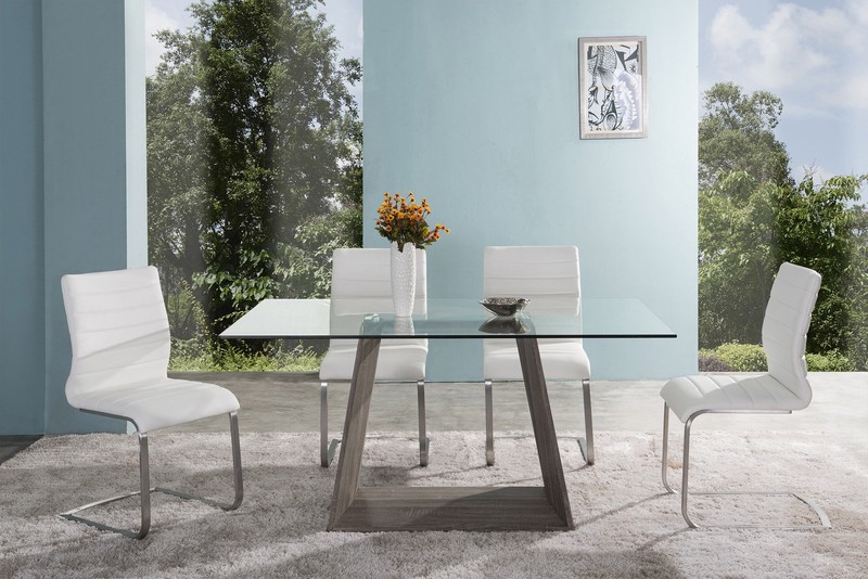 Contemporary rectangular glass top dining table with wood base