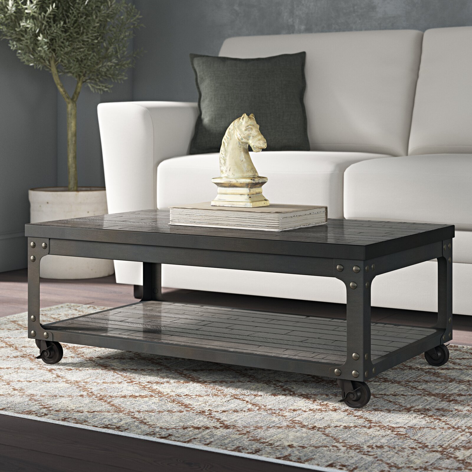 Cool toned Wood Grain Convertible Coffee Table With Wheels
