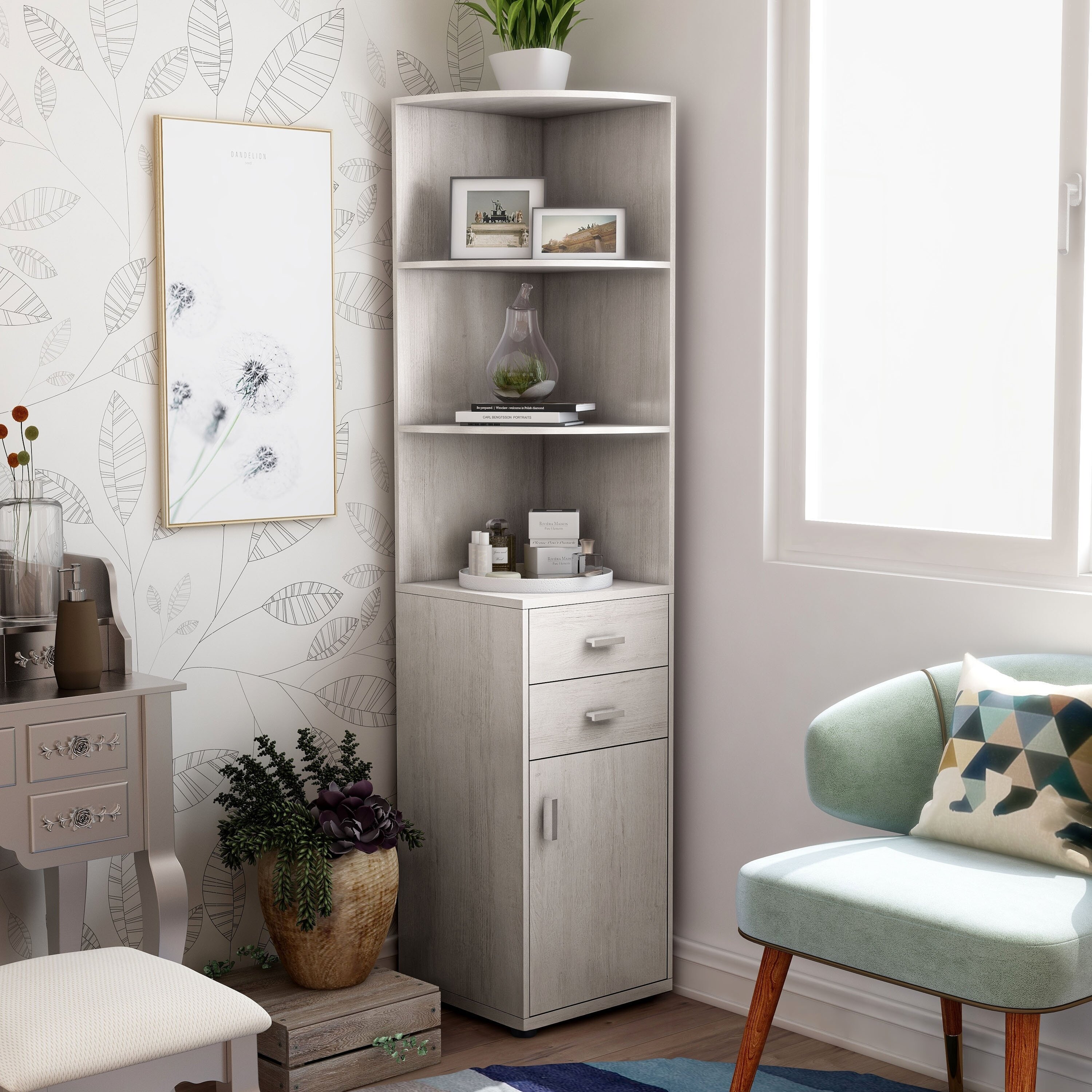 Corner Bookcase Narrow Cabinet With Doors and Shelves
