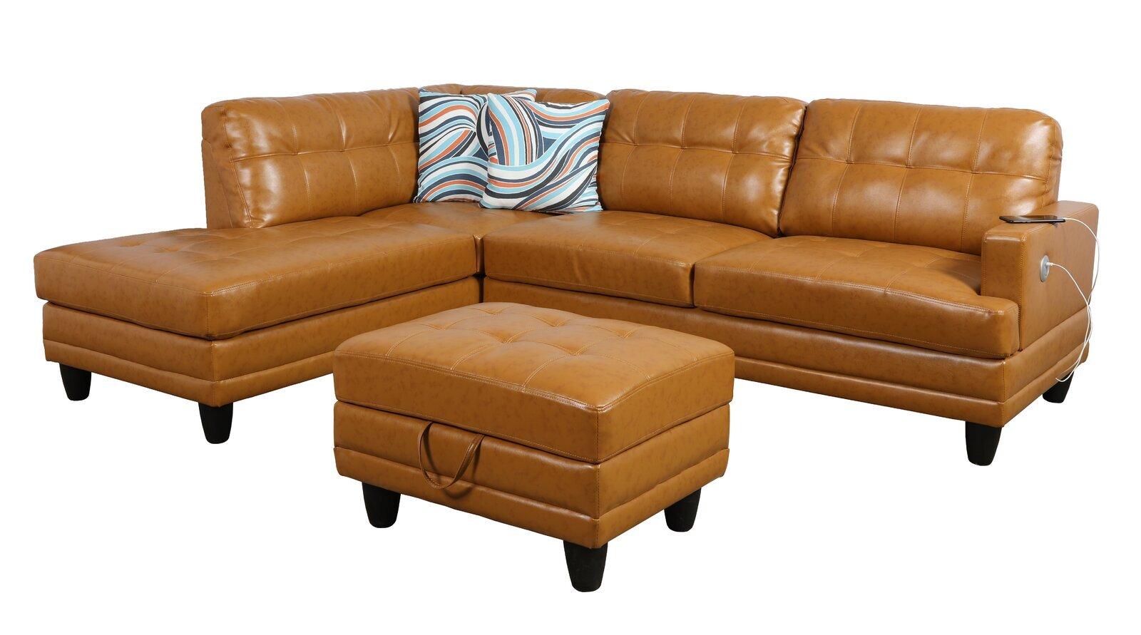 Corner Small Leather Sectional Couch with Chaise and Ottoman