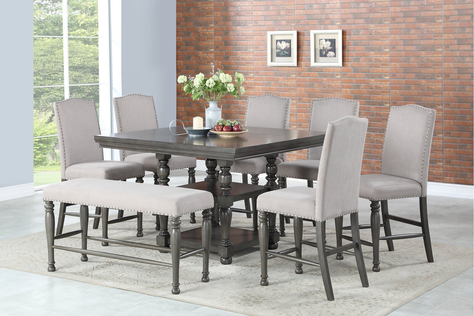 Counter height square table for 8 with chairs and bench
