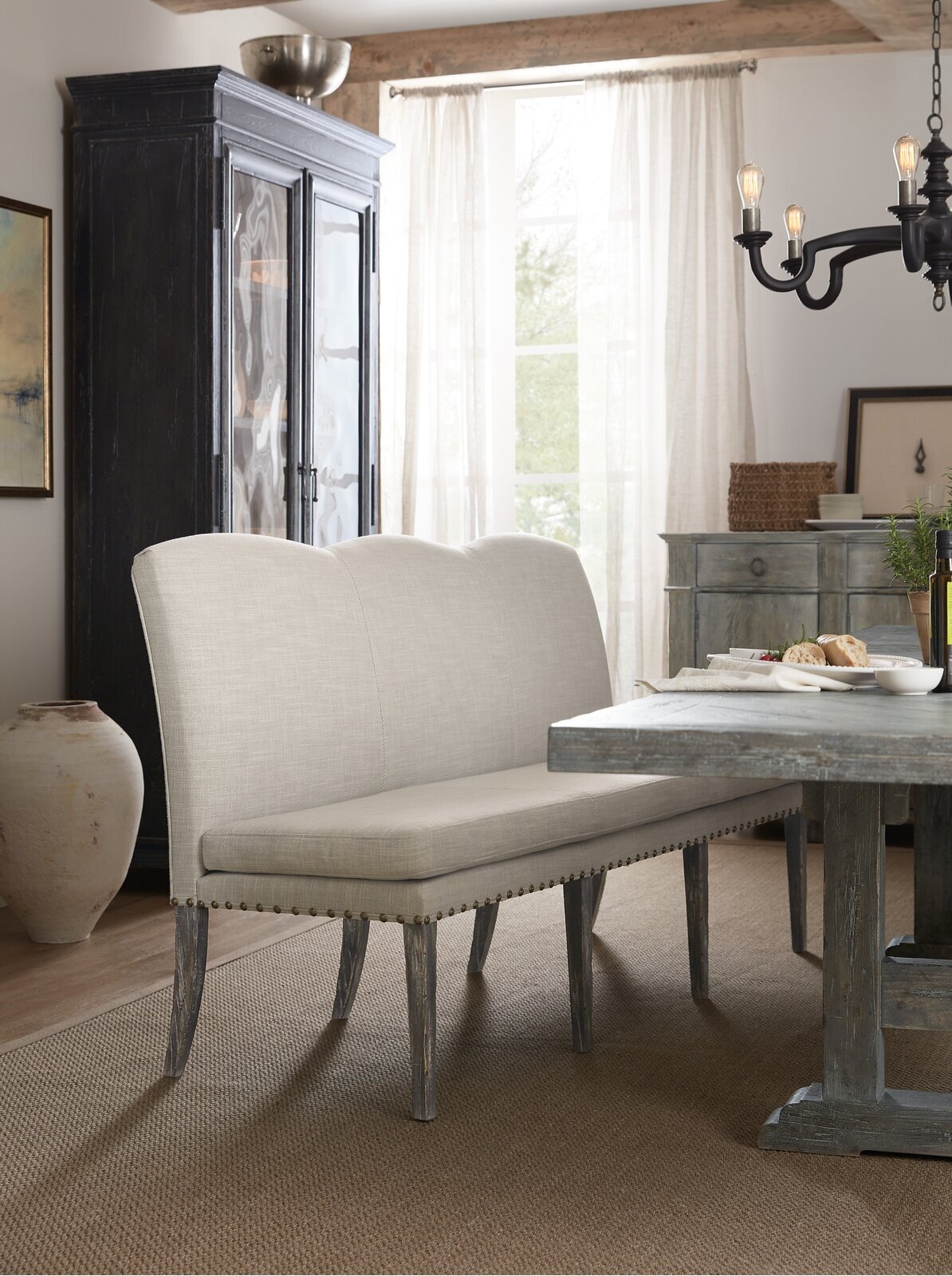 Country Style Linen Upholstered Bench with Backrest