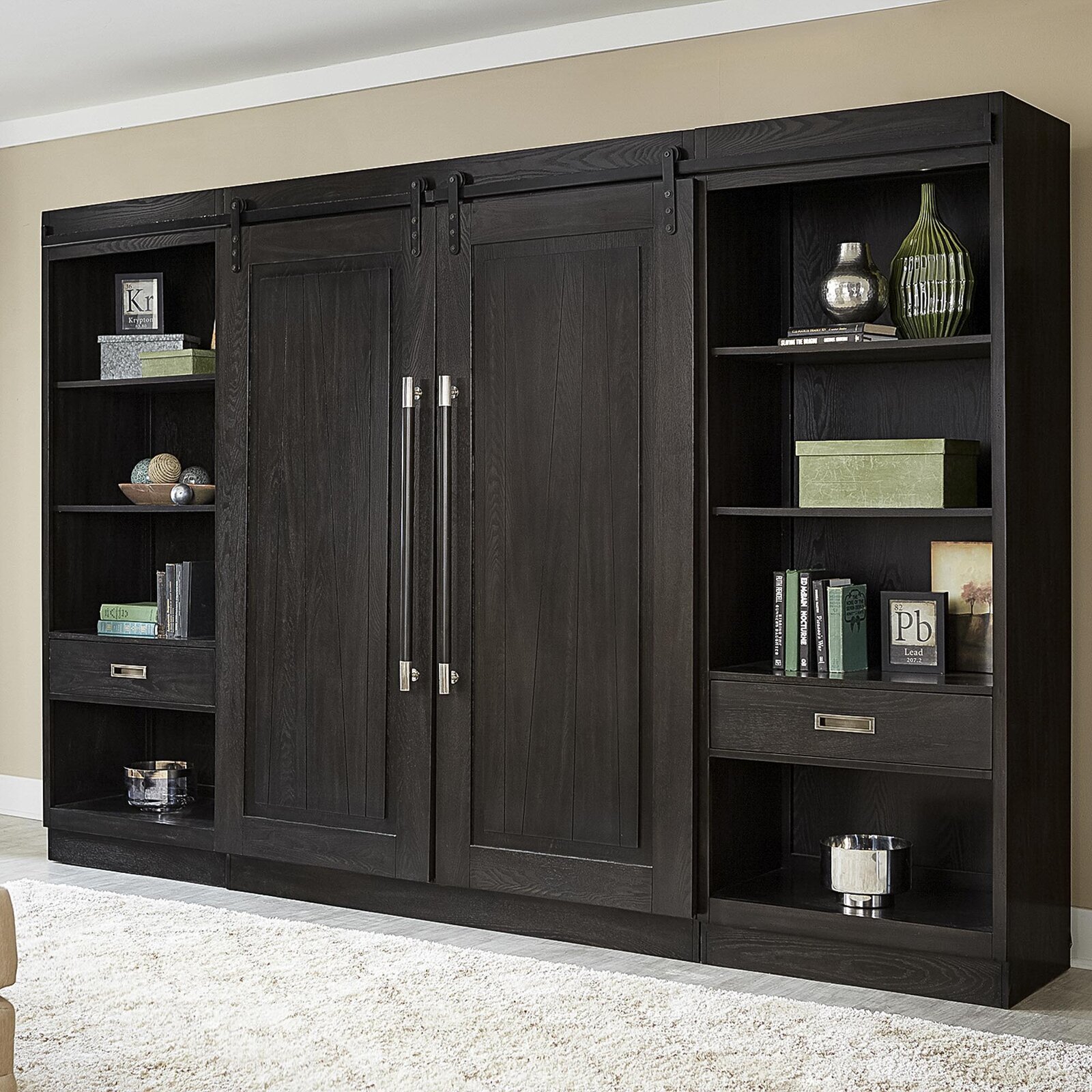 Entertainment Center With Bookshelves and Sliding Doors