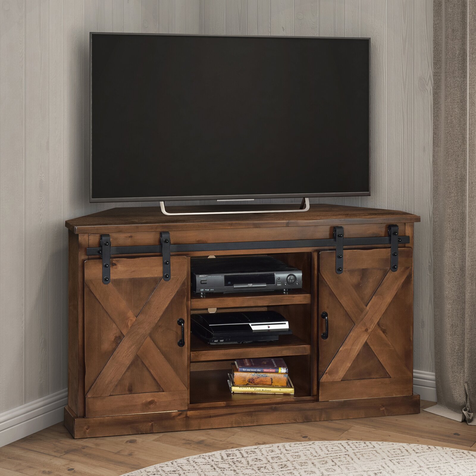Farmhouse corner TV showcase design