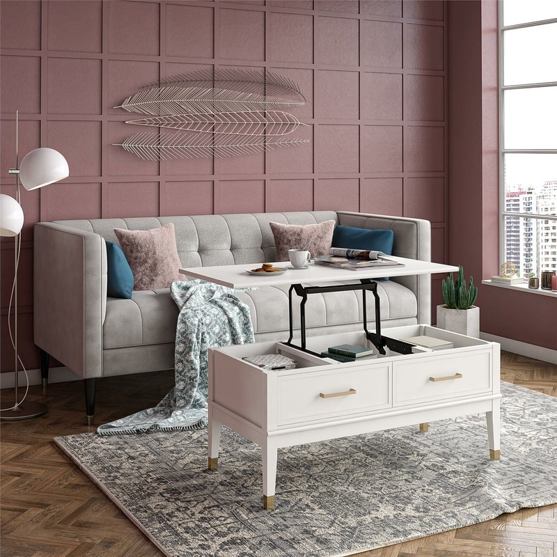 Feminine White Adjustable Height Coffee Table With Storage