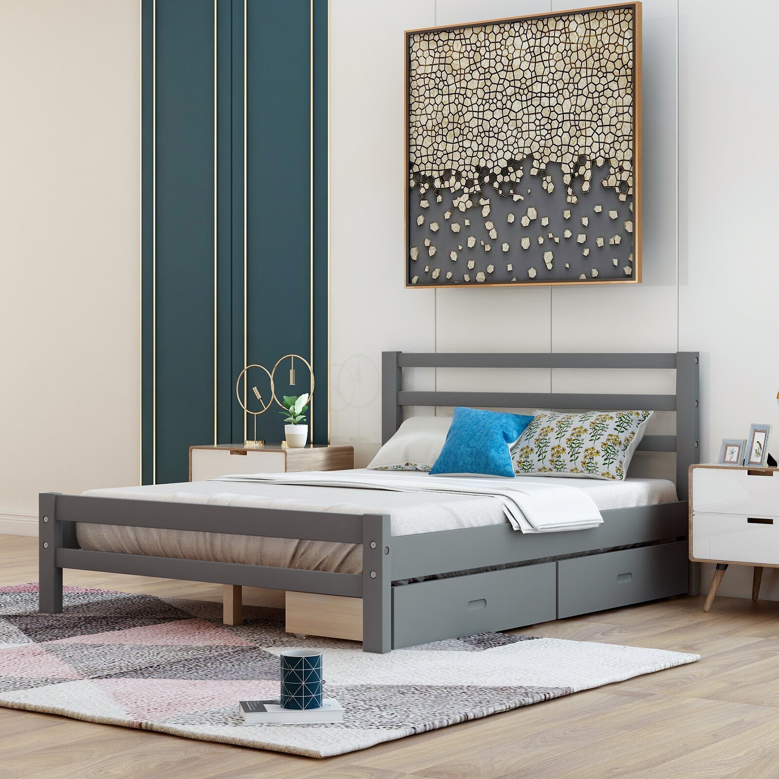 Full size platform bed frame with storage on one side