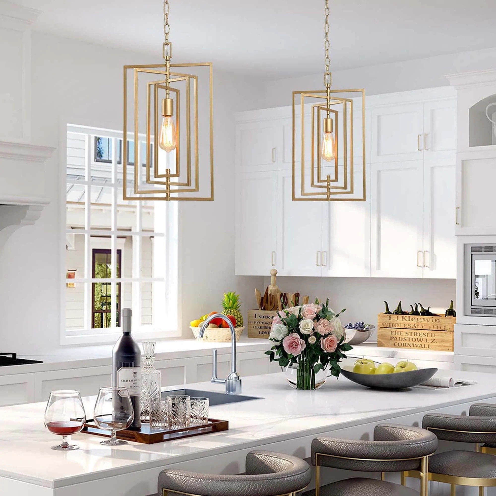 Geometric Lantern Pendant Lights Over Islands
