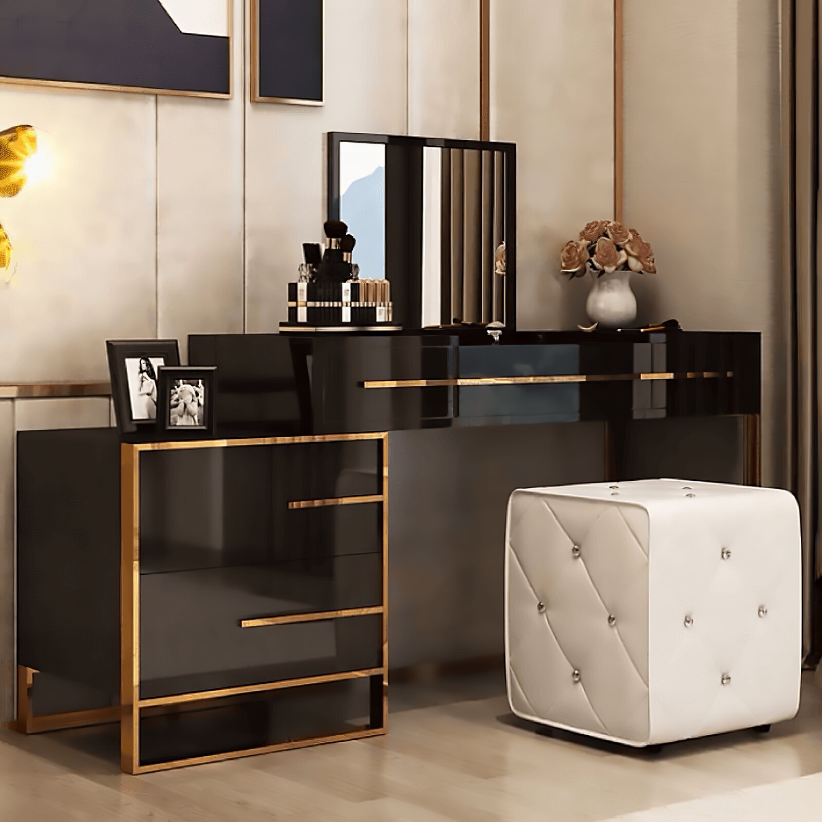 Glamorous Modern Makeup Vanity with Drawers