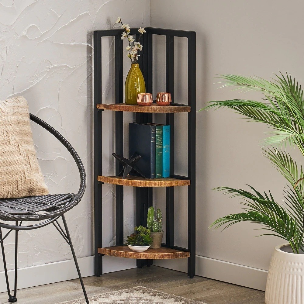 Industrial Handcrafted Mango Wood 3 Shelf Corner Bookcase