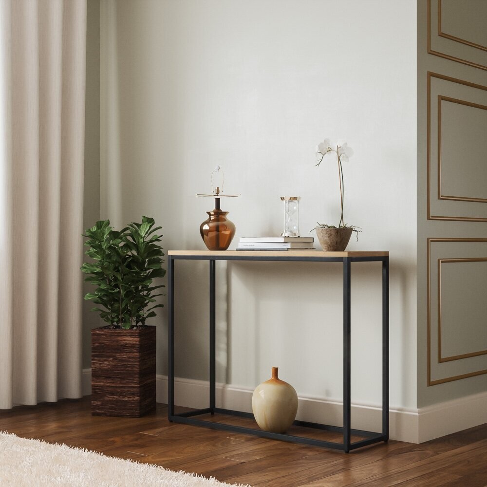 Industrial narrow sofa table behind couch